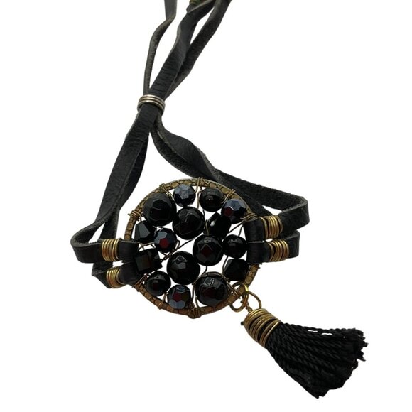 VTG Handmade Wired Artisan Crystals Bracelet Leather Adjustable Black - Picture 2 of 10